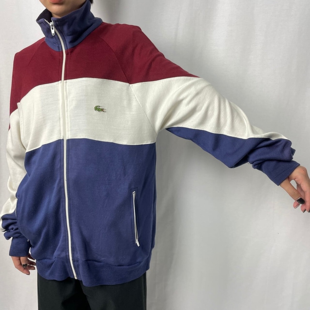 Vintage Lacoste Men's Tricolor Sweater - maroon, White, navy color block Large